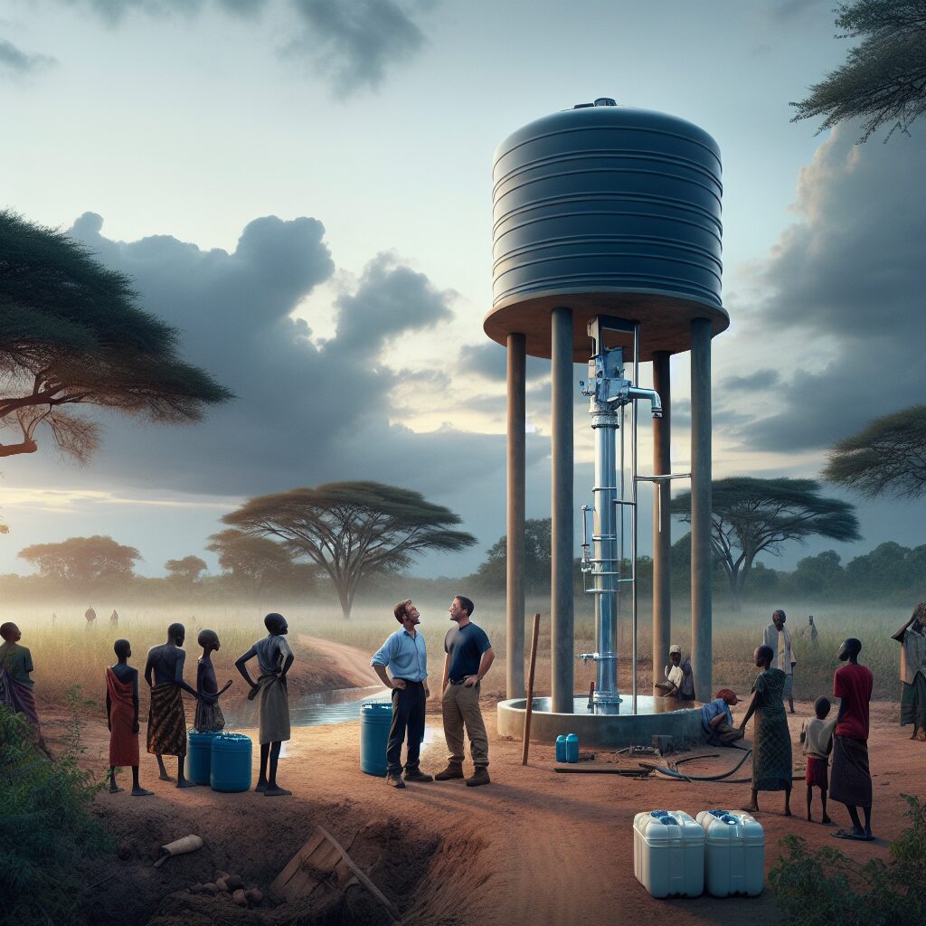 image of a borehole and tank with people around it collecting water